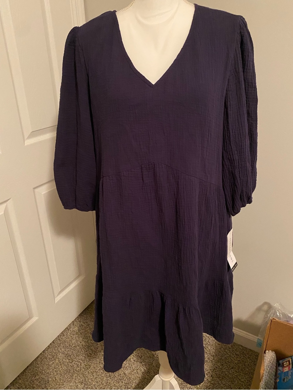 Perceptions Navy V-Neck Midi Dress with Puff Sleeves Size XL NWT